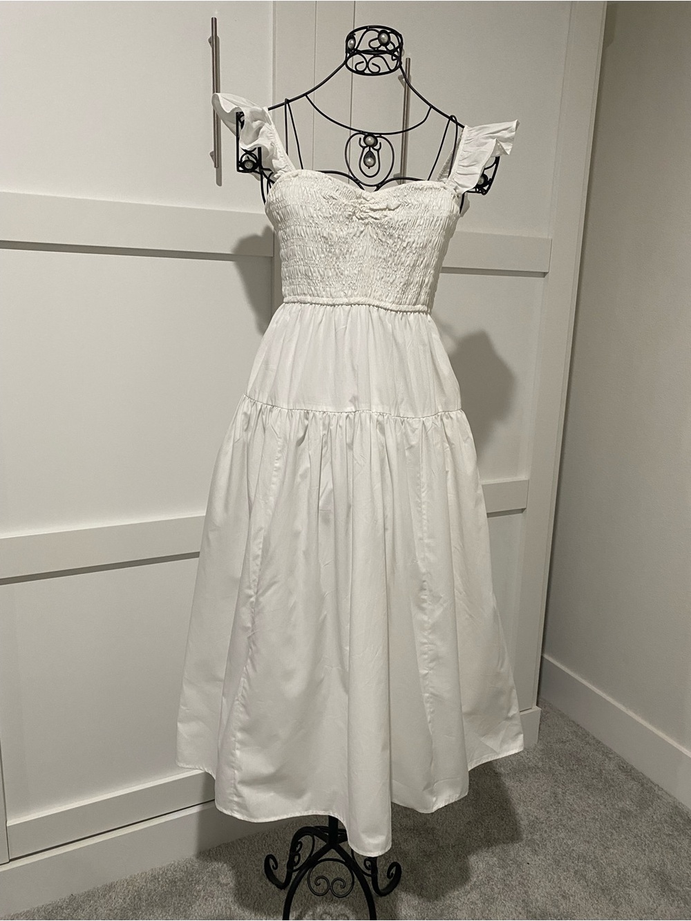 Abercrombie & Fitch White Smocked Midi Dress with Ruffle Straps